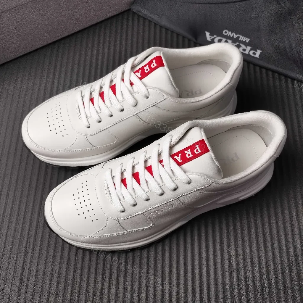 View 4 of Minimalist White Leather Trainers with Red Accent - Modern Comfort Lux