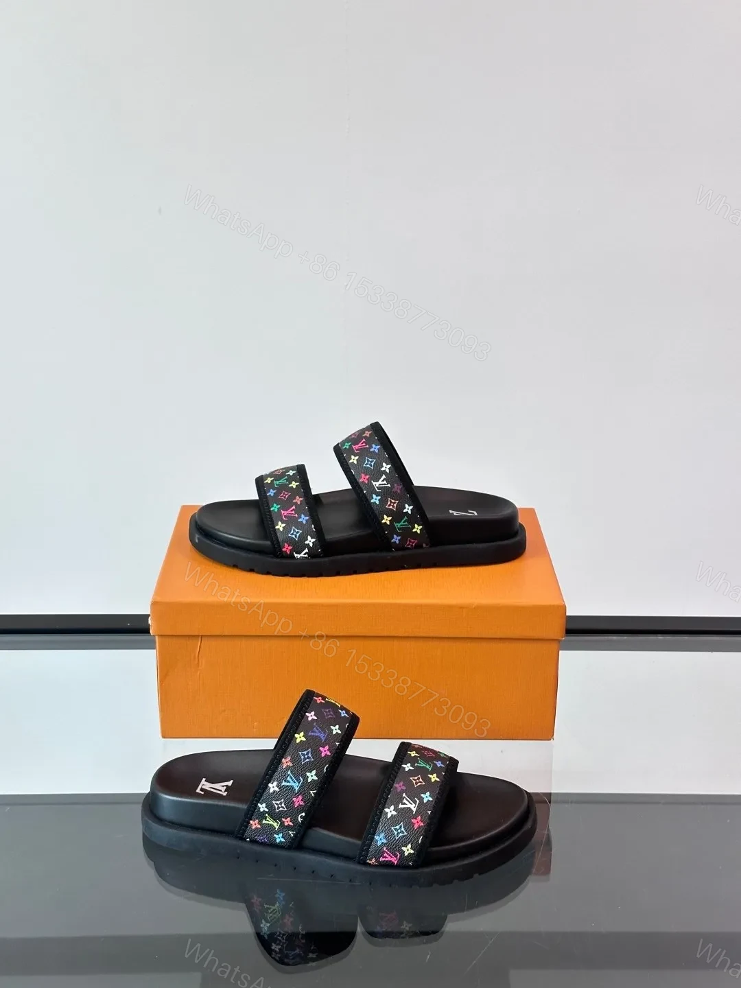 View 4 of LV Men Black Canvas Double Strap Slides