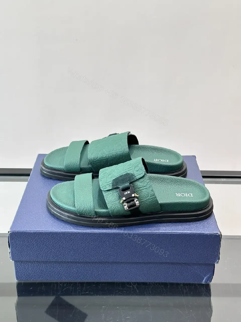 View 7 of Green Leather Slide Sandals Minimalist Style with Buckle Feature Sandals
