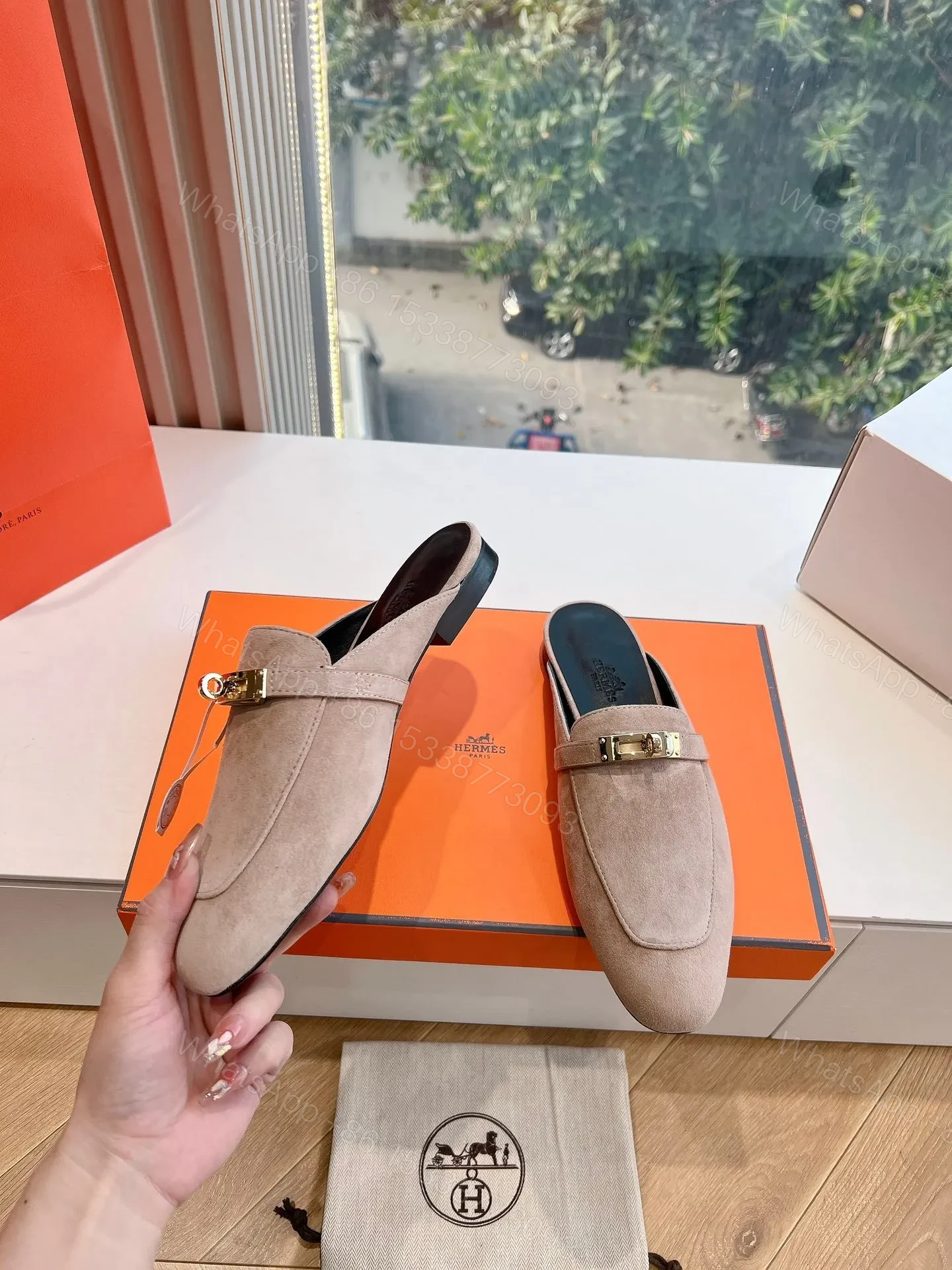View 6 of Hermes Women Beige Suede Mules