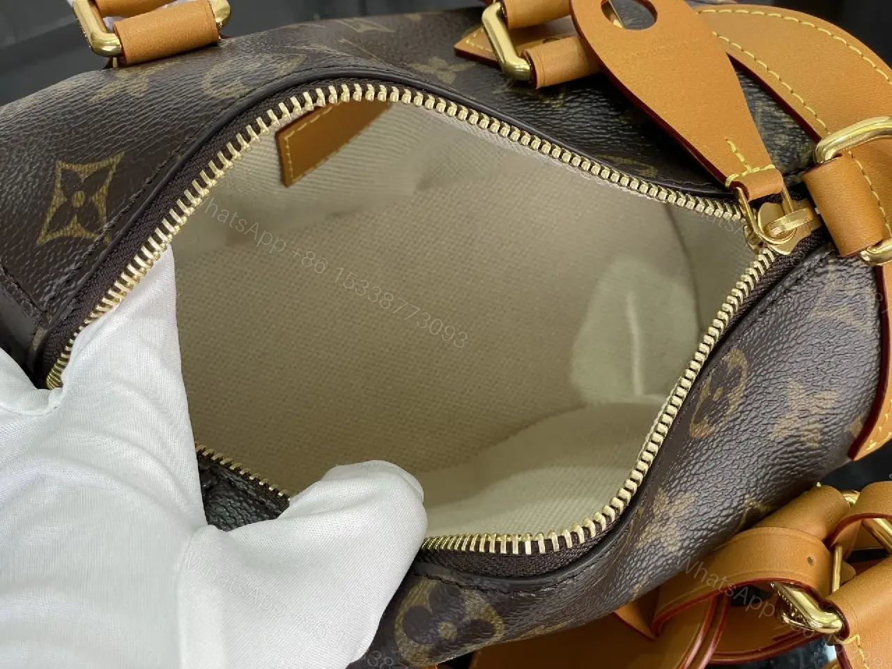 View 7 of Dark Brown LV Monogram Rolling Handbag with Tan Leather Trims
