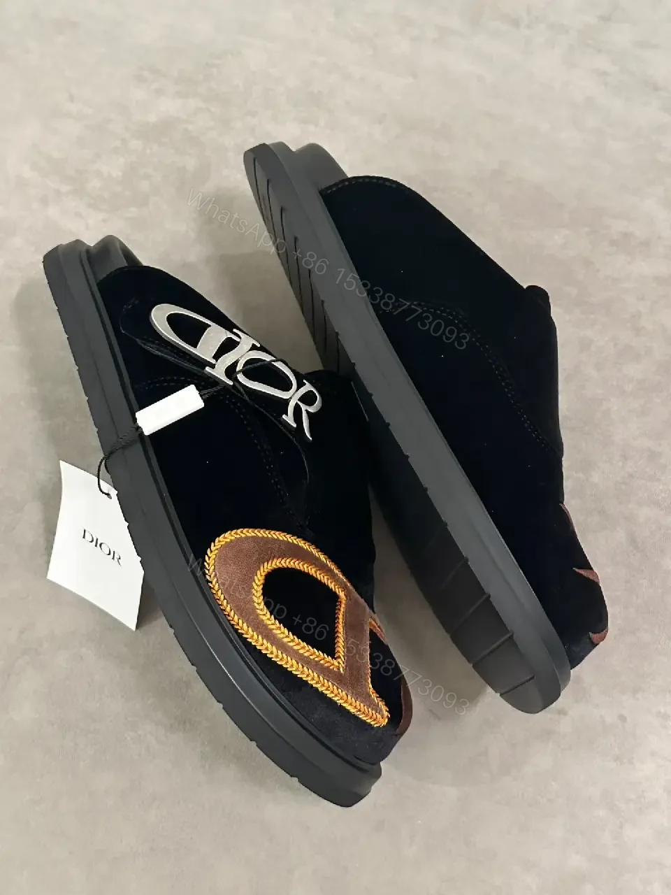 View 2 of Black Velvet Suede Modern Iconic D Logo Sandals
