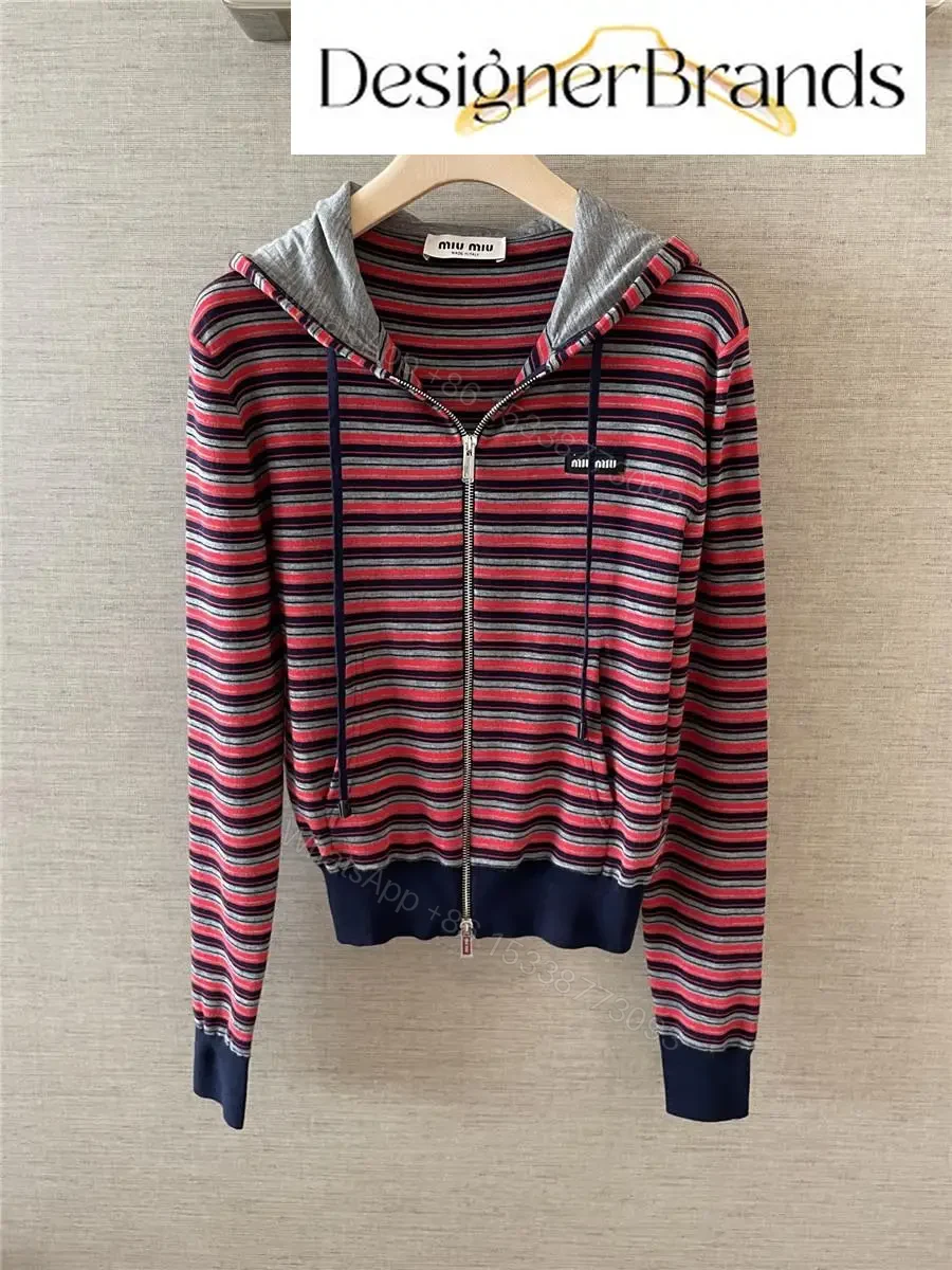 View 3 of Miu Miu Striped Knitted Zip-Up Hoodie