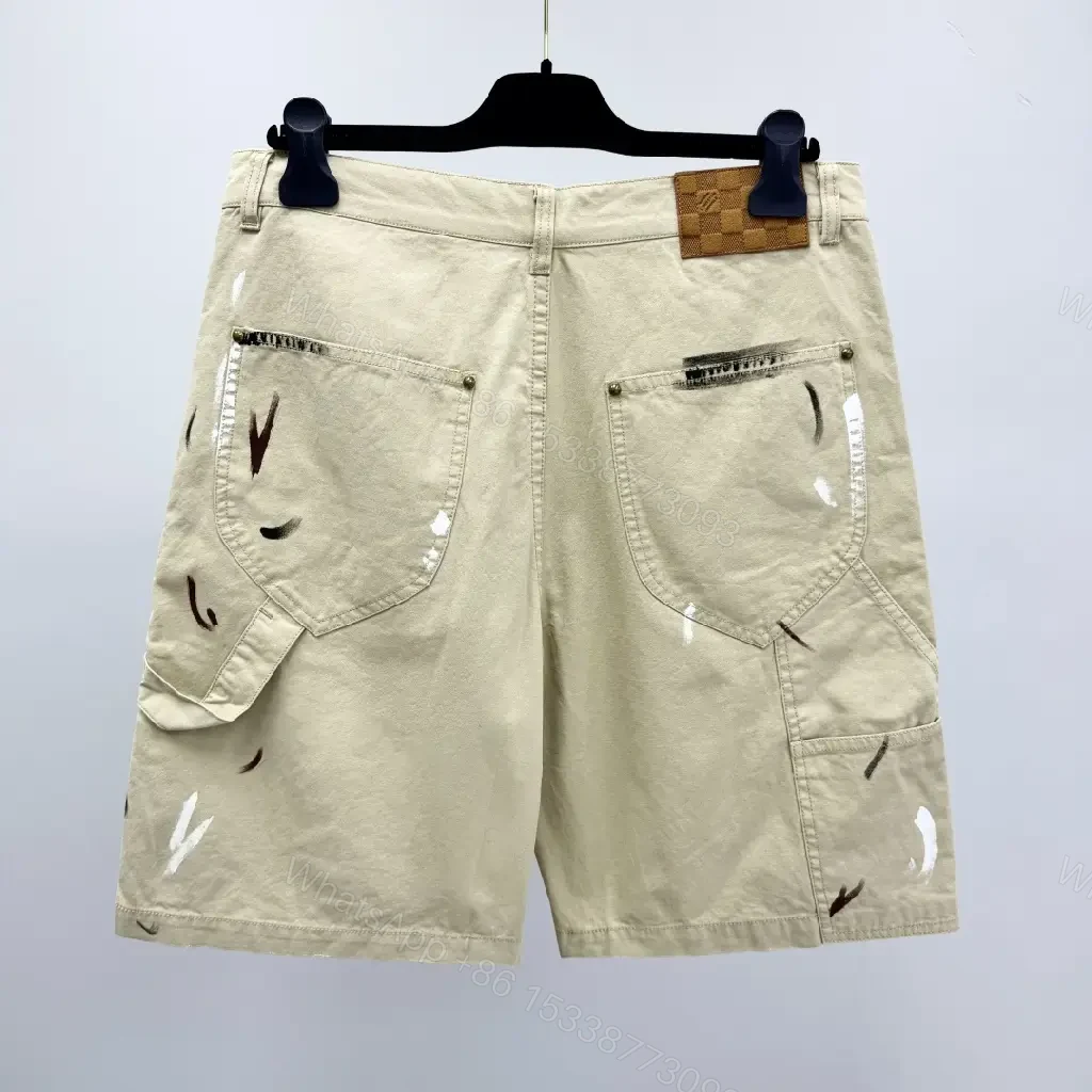 View 6 of Beige Denim-Style Shorts with LV Details, Distressed Comfort