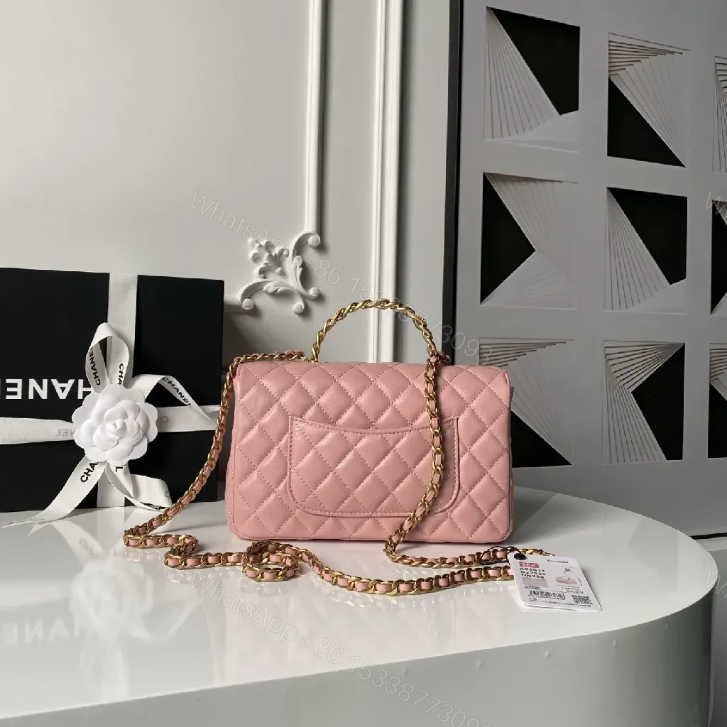 View 5 of Pink Quilted Flap Bag with Gold Chain - Luxury Crossbody Bag