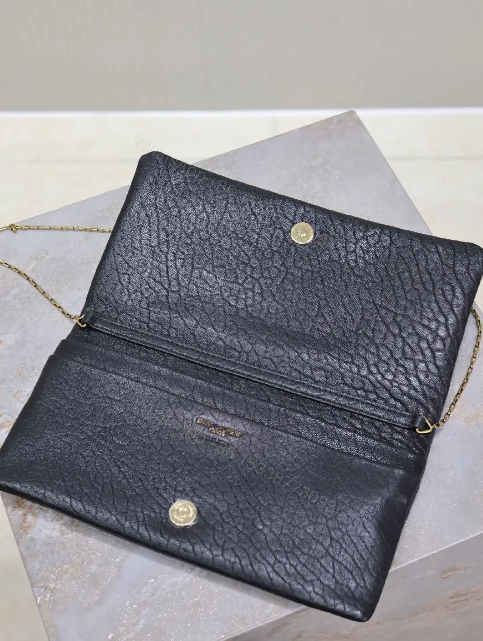 View 2 of Black Leather Clutch with Gold Hardware Chain