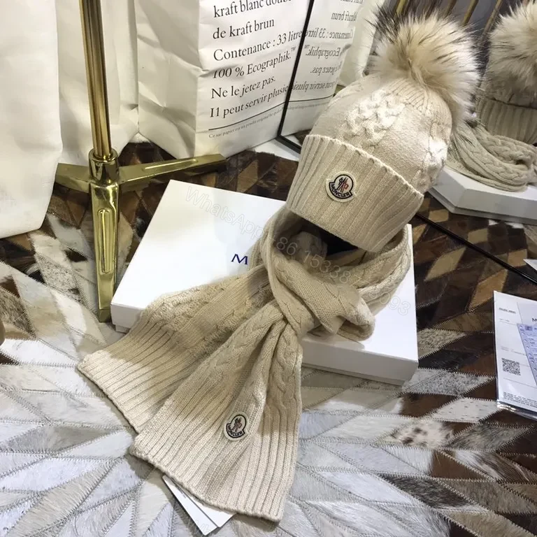 View 6 of Neutral Beige Moncler Knit Set: Wool-Blend Scarf & Beanie