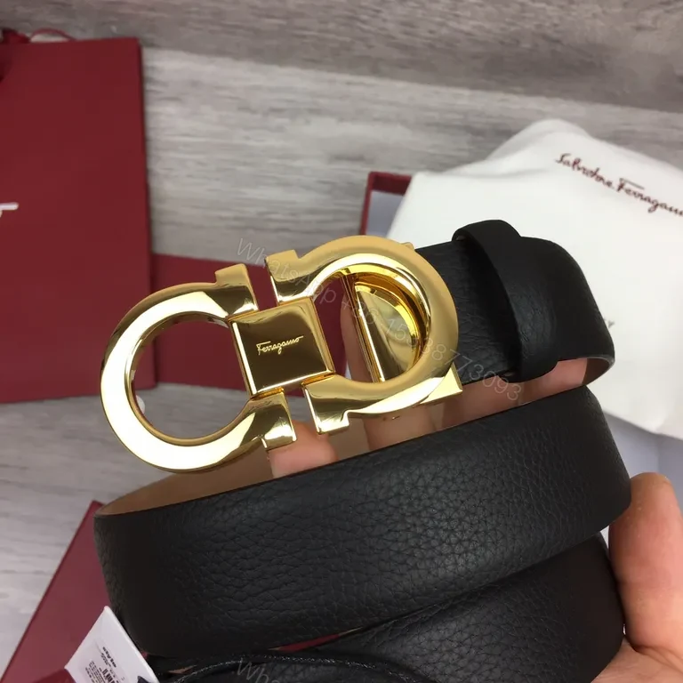 View 4 of Gold Buckle Leather Belt â€” Luxury Pebble-Grain, Ferragamo-Inspired
