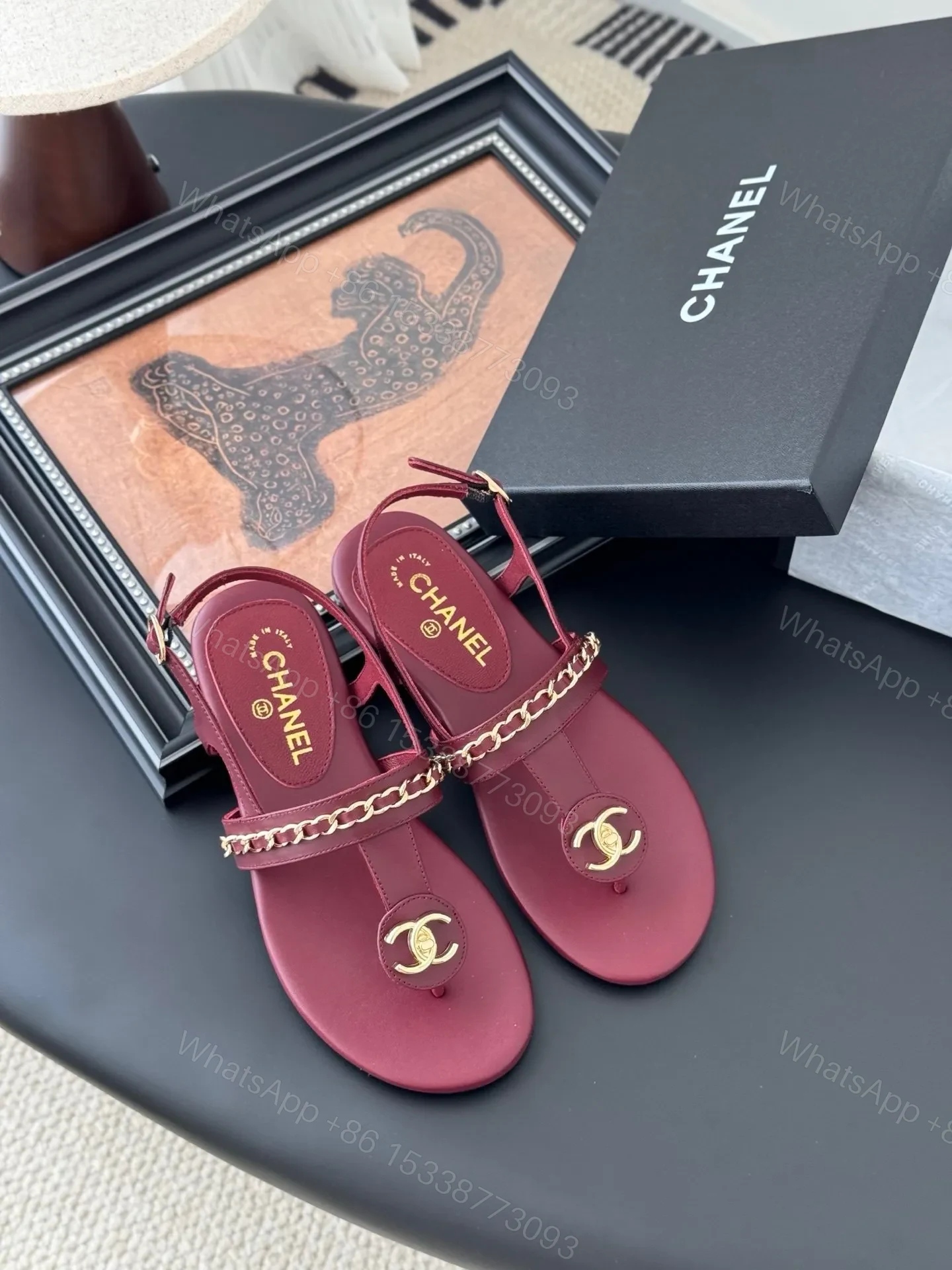 View 6 of Chanel Women Burgundy Leather Sandals