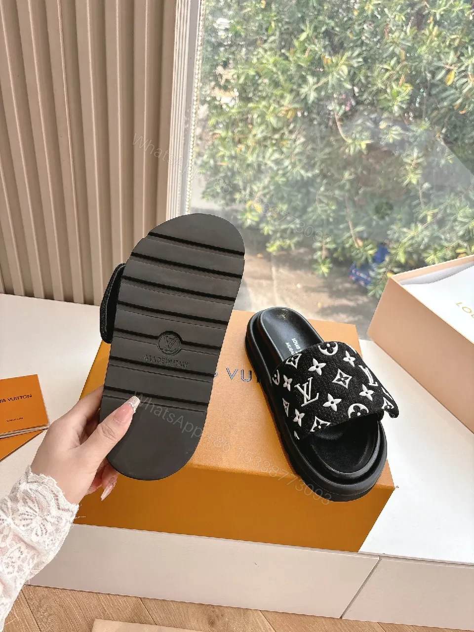 View 5 of Black Monogram Slide with LV Motif — Luxury Comfort Sandal