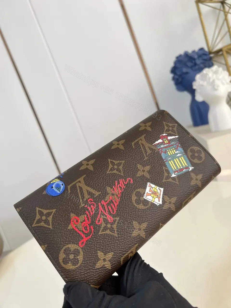 View 3 of Playful Monogram Wallet: Luxe Canvas, Whimsical Patches, Gold-Accent