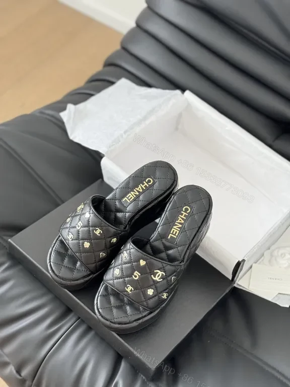 View 7 of Chanel-Inspired Quilted Slide Sandals with Gold Accents