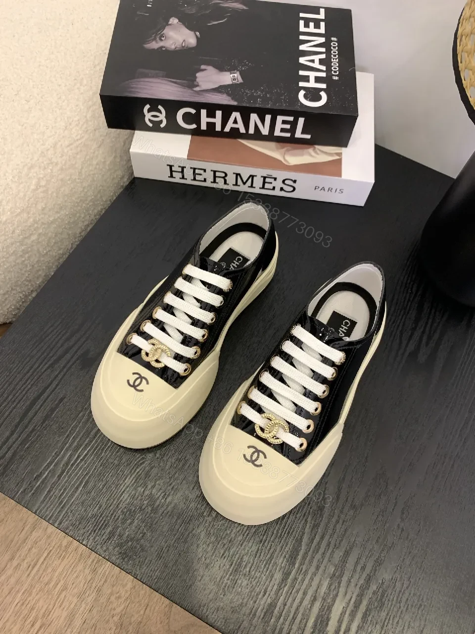 View 7 of Glossy Black Patent Sneaker with Cream Toe Cap - Luxe High-Top