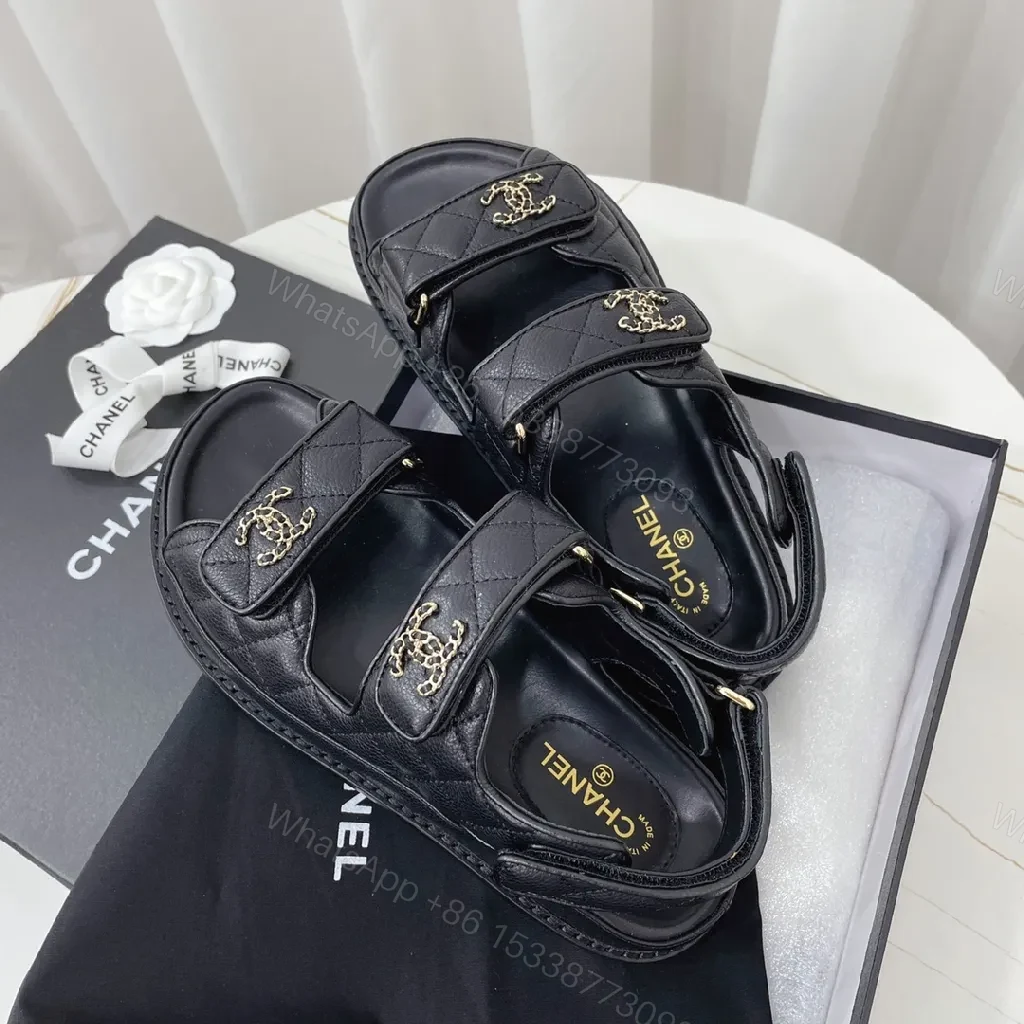 Black Leather Sandals with Quilted Detail, Velcro Straps, Cushioned Comfort — view 1