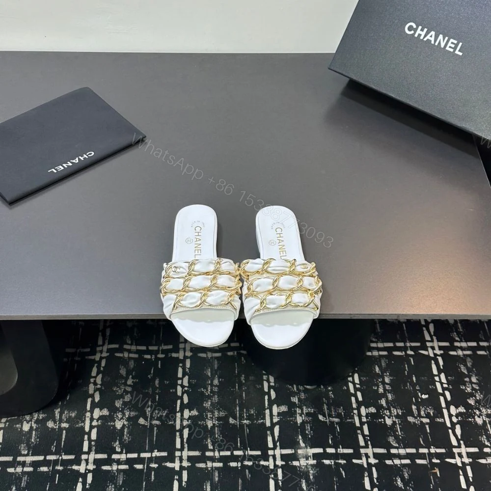 View 3 of Chanel Slide Sandals Gold Chain White