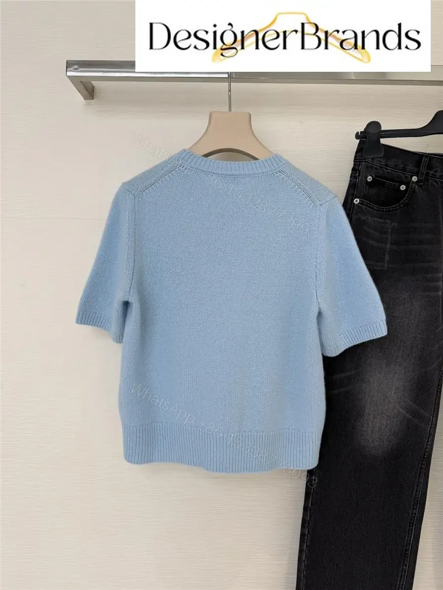 View 2 of Soft blue knit sweater, logo pony, cropped fit, premium casual style