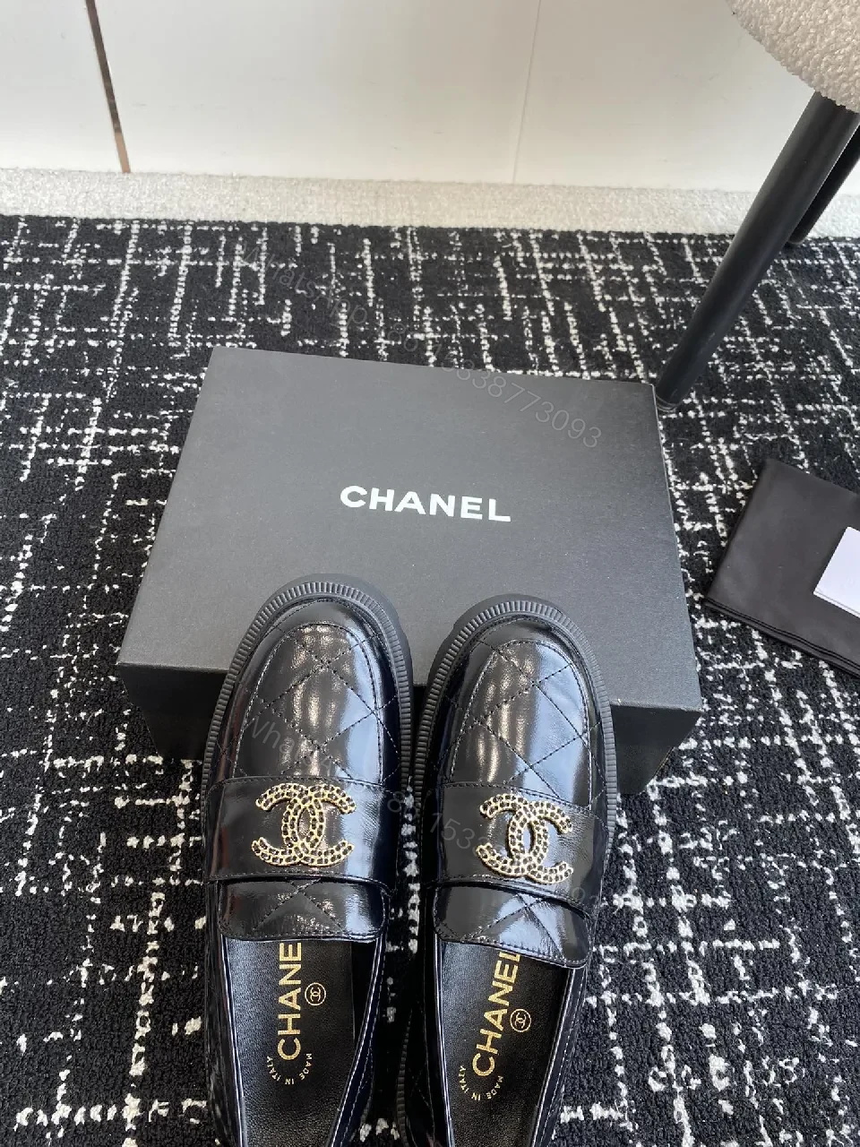 View 6 of Quilted Velvet Loafers: Gold Logo, Black Patent, Luxe Style