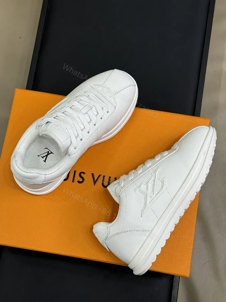 View 4 of White Leather Minimalist Sneakers with Couture Stitching