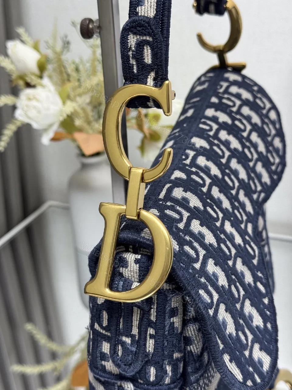 View 4 of Patterned Monogram Crossbody Bag - Navy, Luxe Fabric, Structured, Versatile Carryall