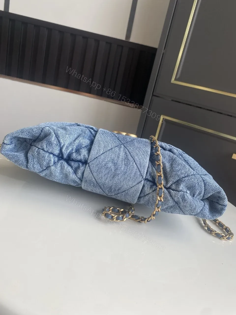 View 9 of Denim Quilted Mini Bag with Gold Hardware - Structured Chic