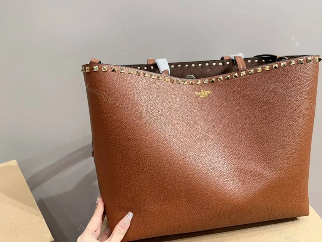 View 3 of VALENTINO GARAVANI ROCKSTUD GRAINY CALFSKIN TOTE BAG BROWN 35CM 1W2B0B70VSF HG5