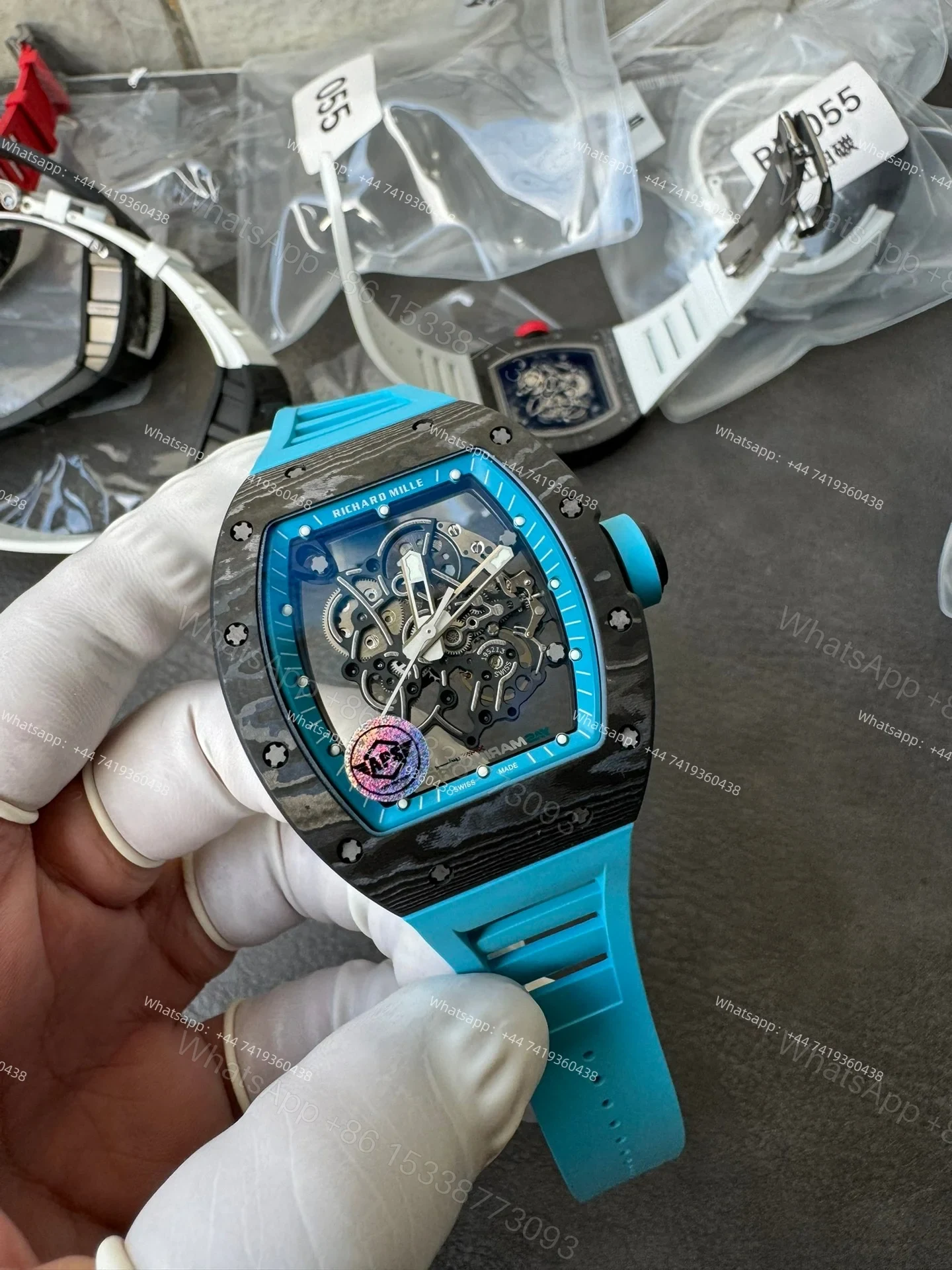 View 6 of Super Clone Richard Mille RM 055 Carbon TPT Blue Rubber Strap 1:1 Replica Watch