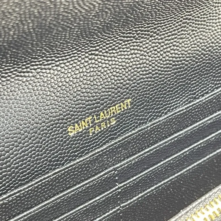 View 9 of Sleek Black Pebbled Leather Envelope Wallet - YSL Signature
