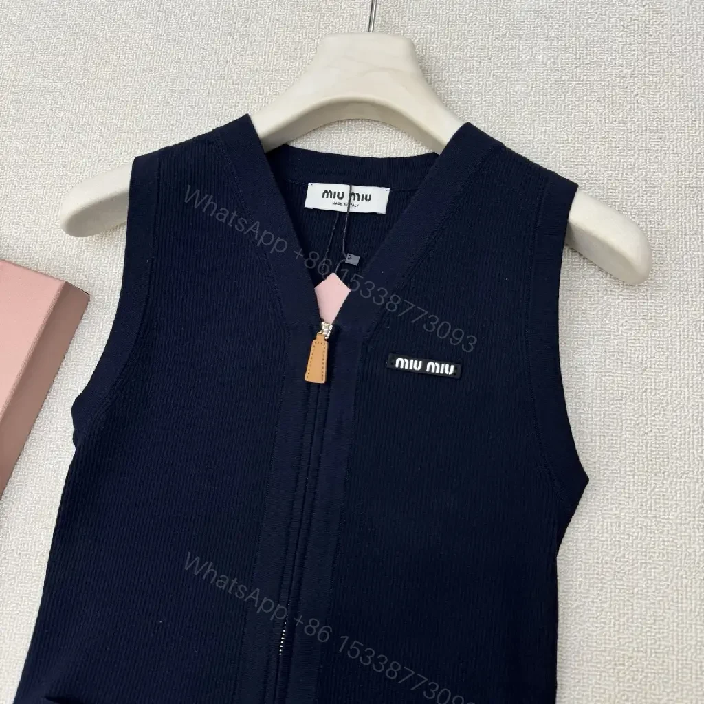 View 9 of Black Velvet Zip Vest with Logo, Miu Miu Style, Simulated Leather Zip Pulls, Vest
