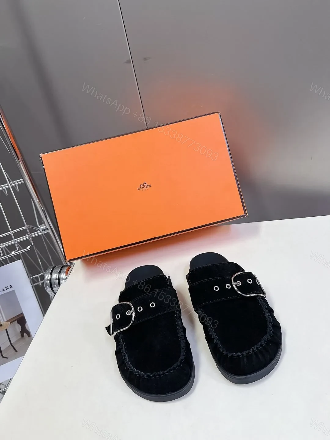 Hermes Women Black Suede Buckle Mules — view 1