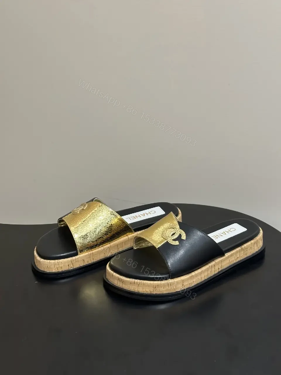 View 9 of Black Leather Luxury Chanel Logo Slide Sandals