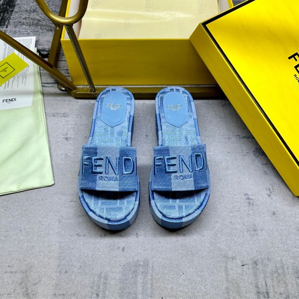 View 2 of FENDI SUNSHINE FLATFORM SLIDES LIGHT BLUE DENIM 8R8515ASB5F1STD