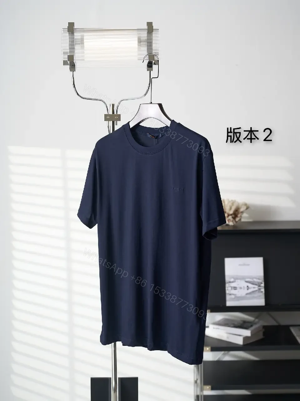 View 9 of Dark Navy Short-Sleeve Crew Neck T-Shirt, Smooth Knit, Soft Drape