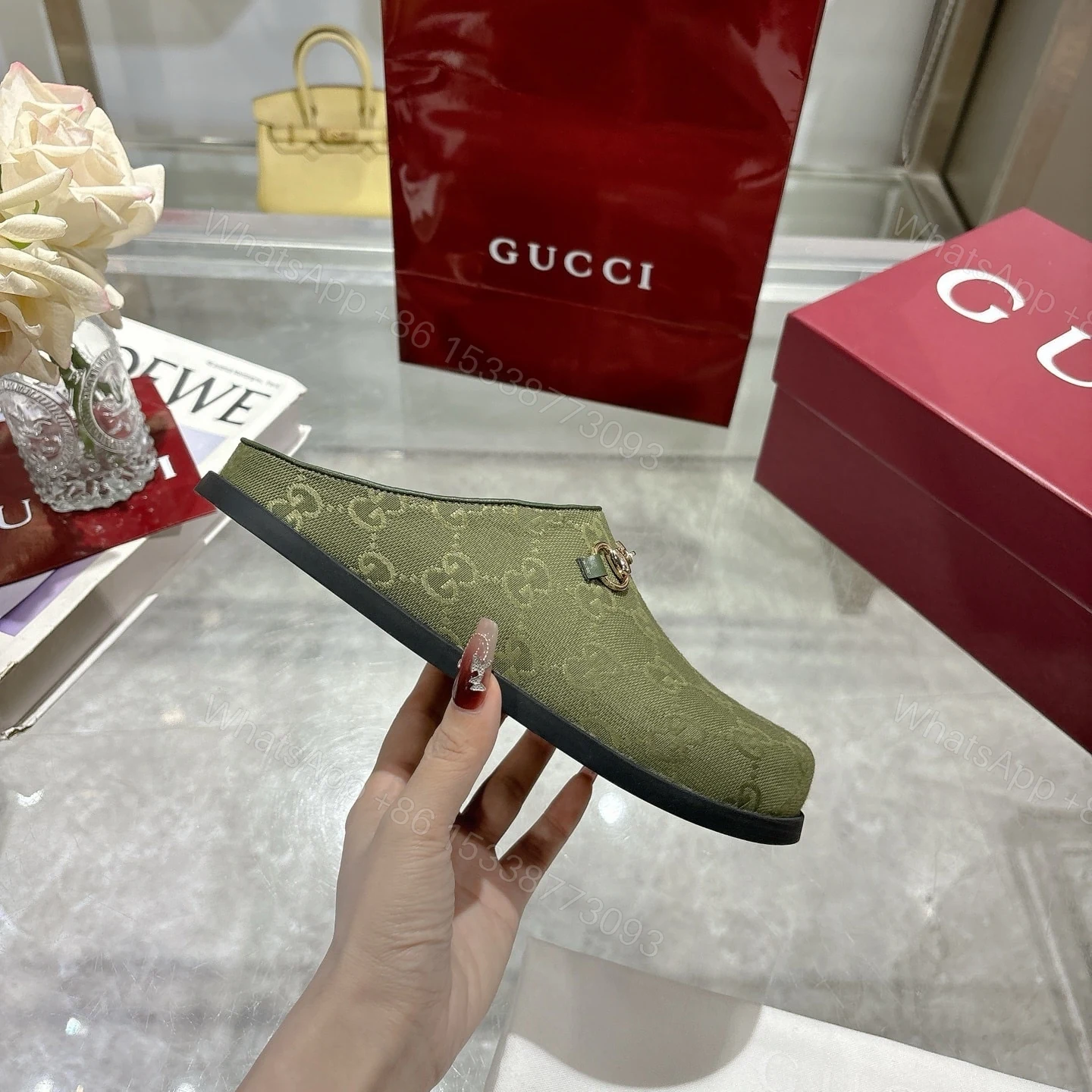 View 7 of GUCCI WOMEN MULE WITH HORSEBIT DARK GREEN GG CANVAS 837130 FAB10 3046