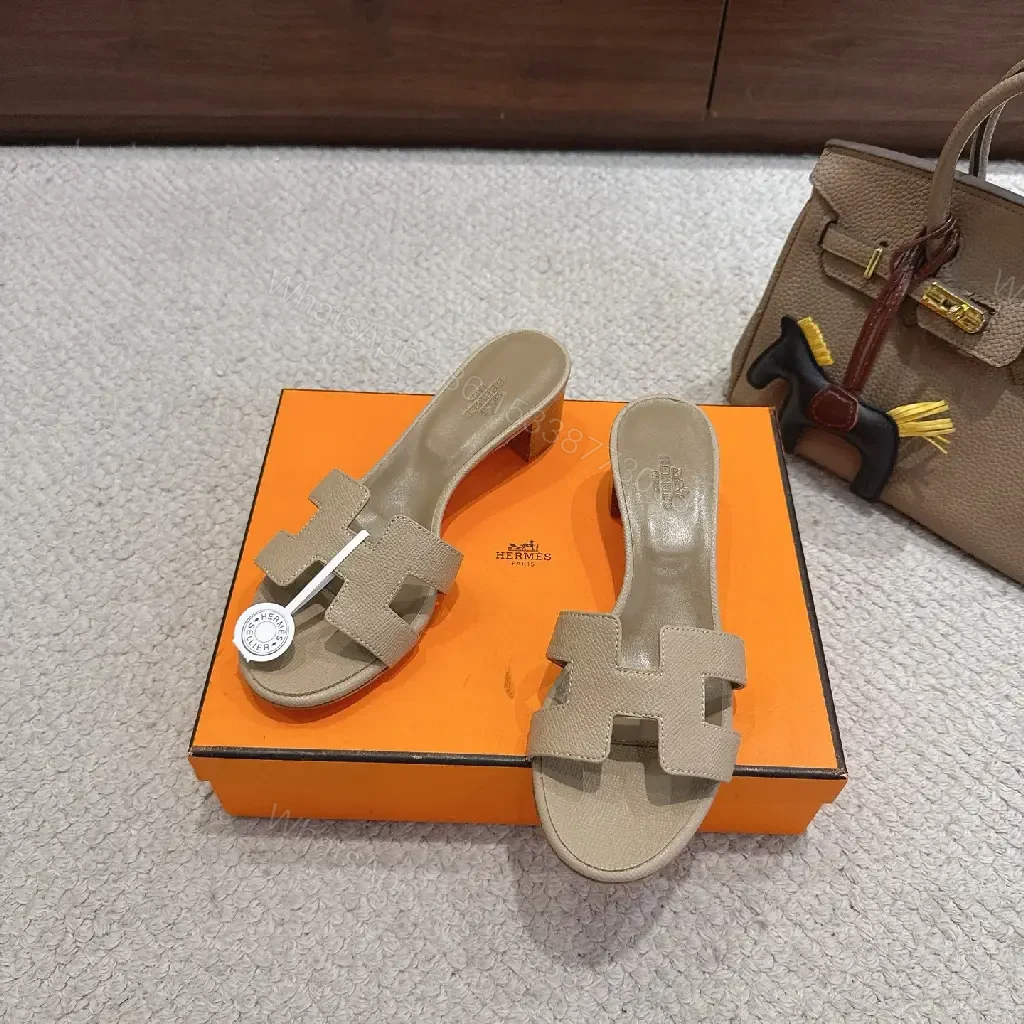 View 8 of Beige Leather Hermes H-Style Slide Sandals