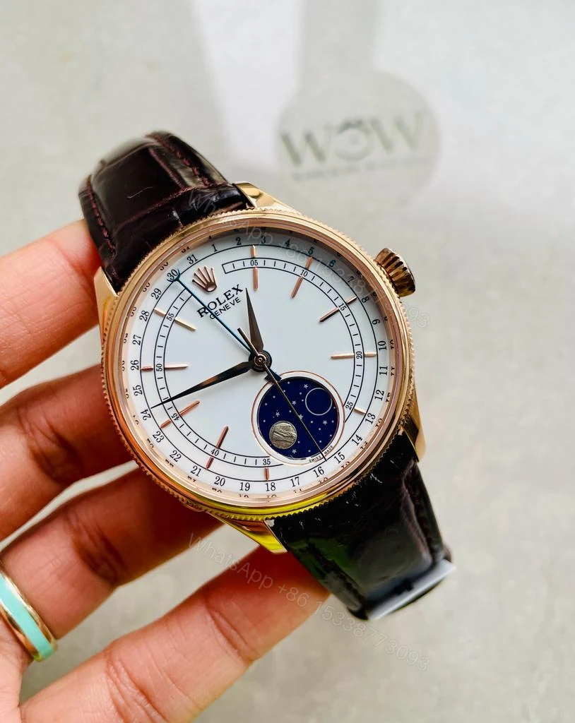 View 4 of Rolex Cellini Moonphase 50535 RG White Dial on Leather Strap Asia 3195 Mod