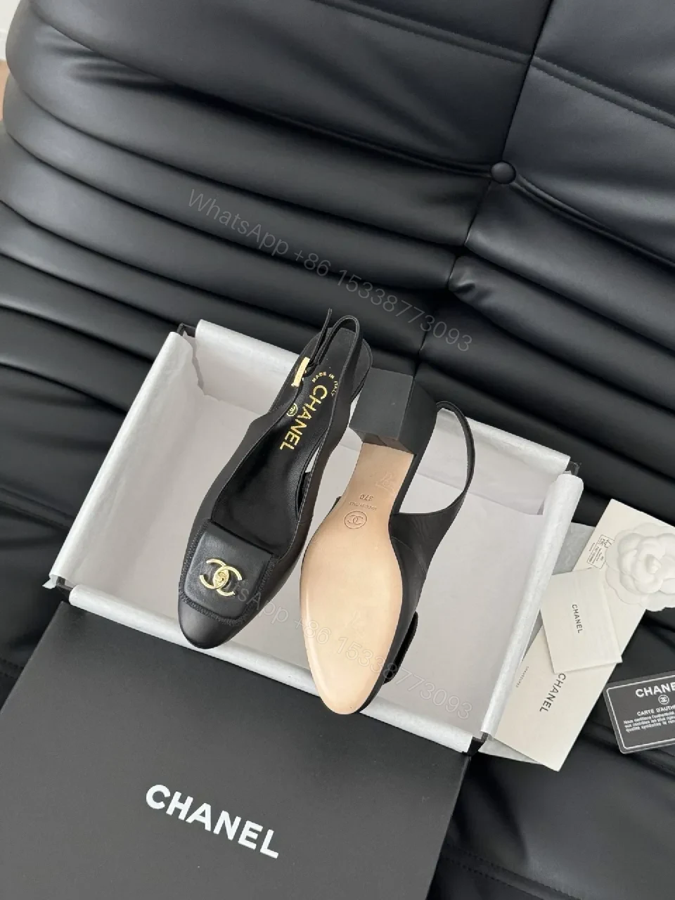 View 4 of Black Leather Slingbacks with Gold Hardware, Luxury-Style Heels