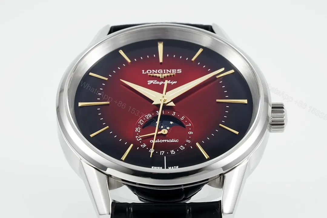 View 4 of Longines Flagship Classic Red Dial Moon Phase Automatic Watch with Black Leather Strap