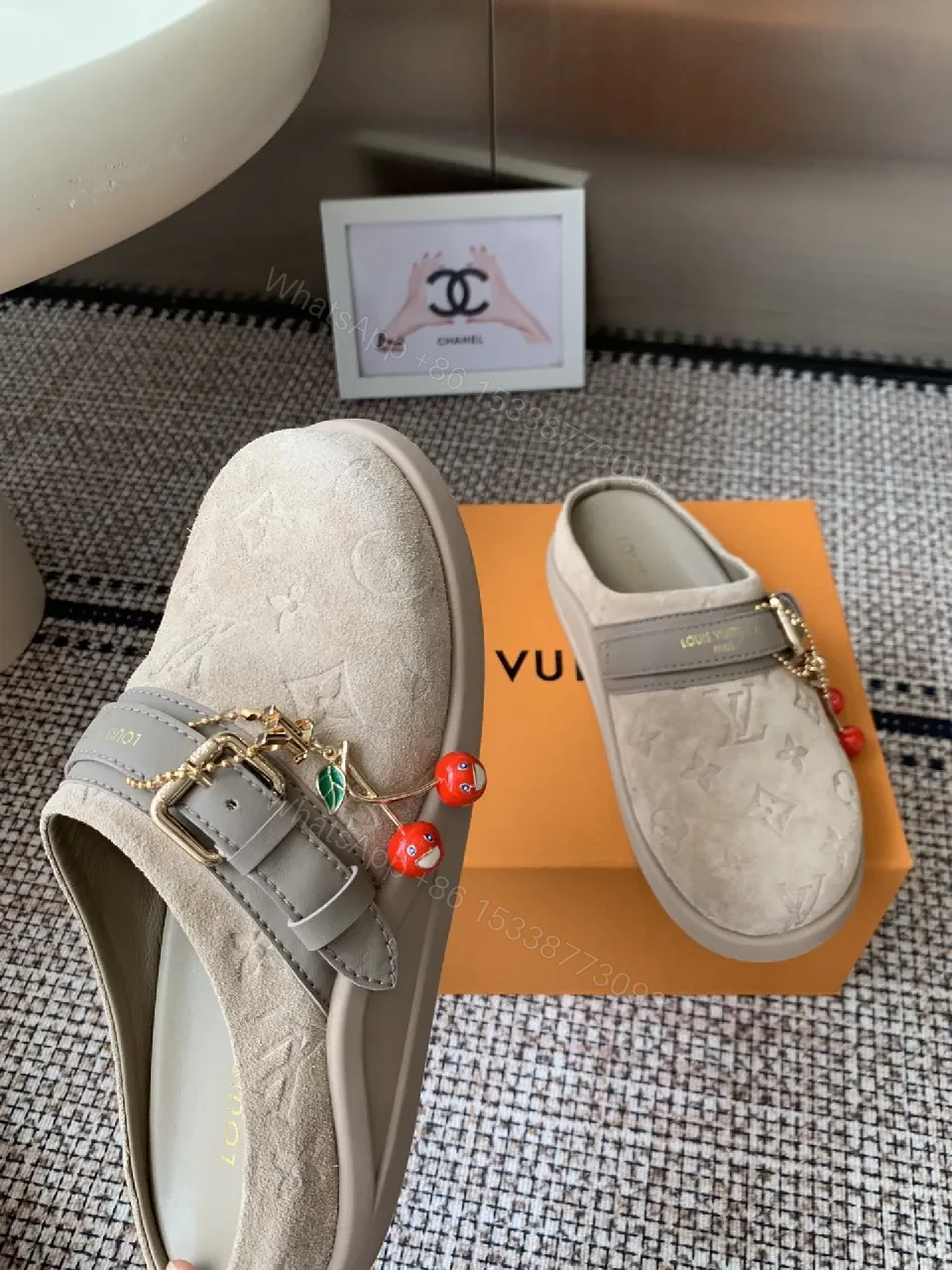 View 4 of Ivory Suede-Look Slip-Ons with Monogram & Charm Designer-Inspired Comfort