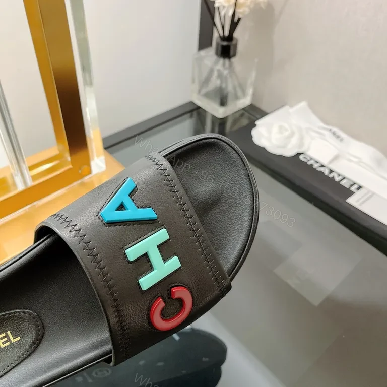 View 6 of Bold CHANEL Lettering Sandals: Multicolor Leather Slide