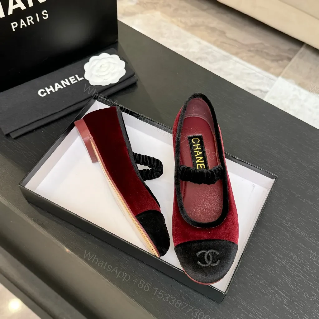 View 3 of Red Velvet Ballet Flats with Black Cap Toe, Velvet Detail, Signature Embellishment
