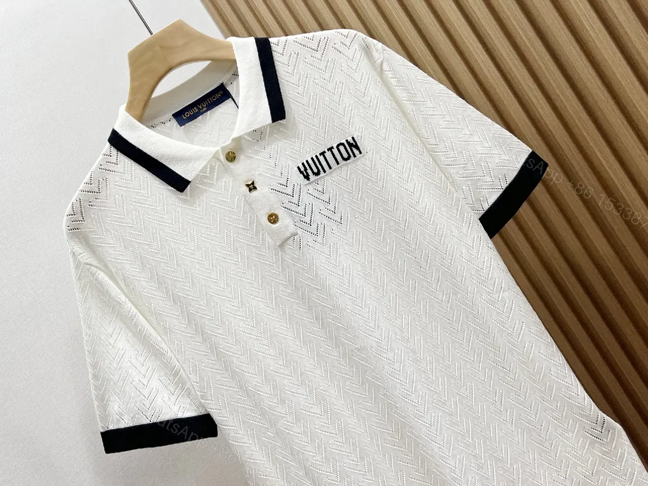 View 6 of White Knit Polo Cotton Classic Louis Vuitton Logo Polo Shirt
