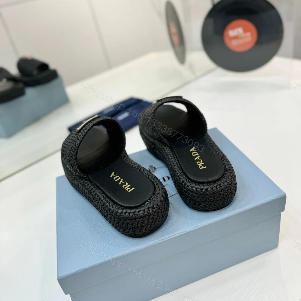 View 6 of Prada Natural Crochet Flatform Slides Gold Hardware Black