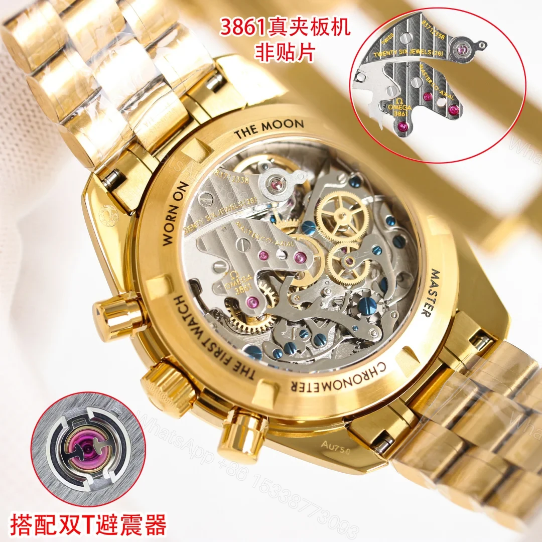 View 9 of Omega Speedmaster Gold Replica 42MM Premium Bracelet Moonwatch Edition OM-SP-GLD-BRC-42