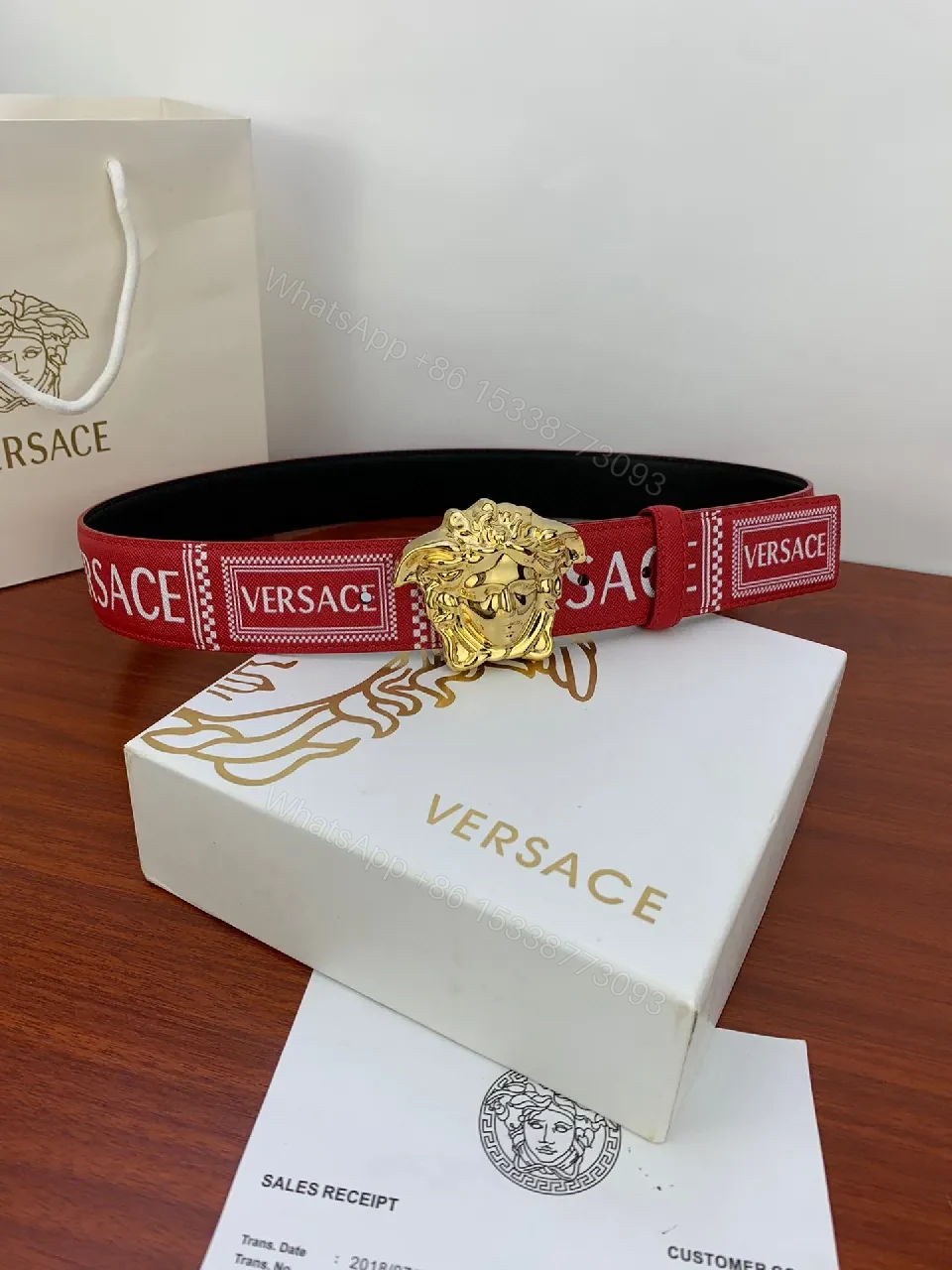 View 5 of Red Leather Belt with Gold Medusa Buckle, Luxe Versatile Accessory