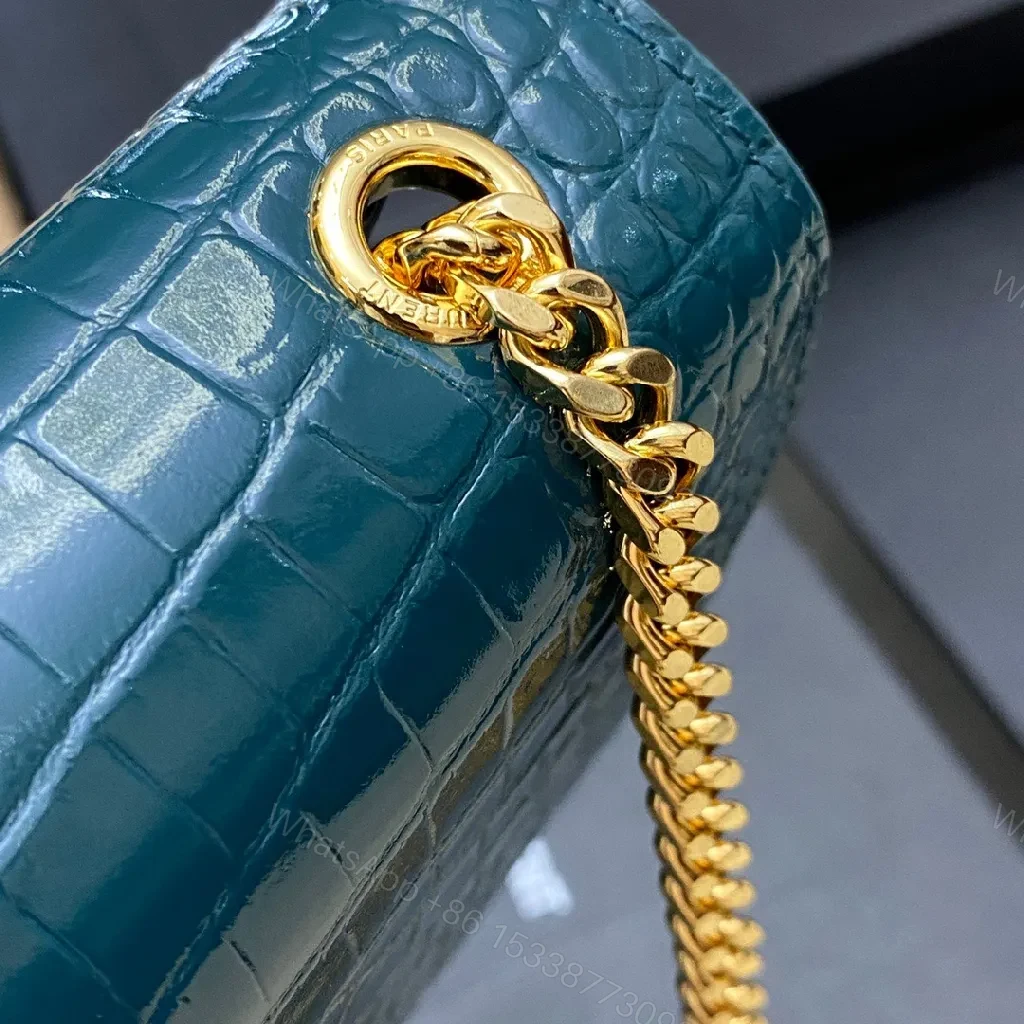 View 7 of Teal Croc-Texture Evening Bag with Gold Monogram Clasp