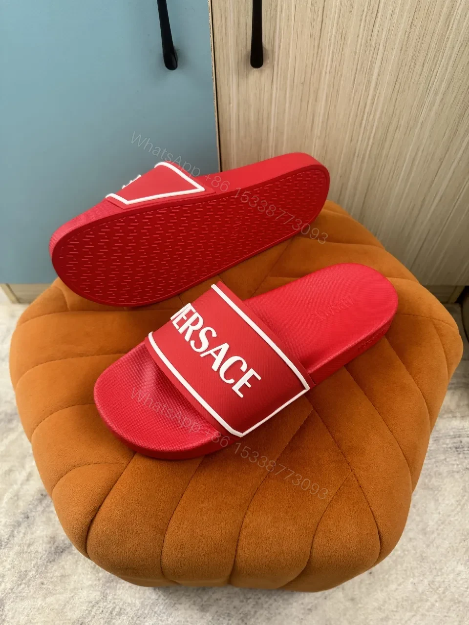 View 9 of Bold Red Luxury Slide with Signature Versaace Stride