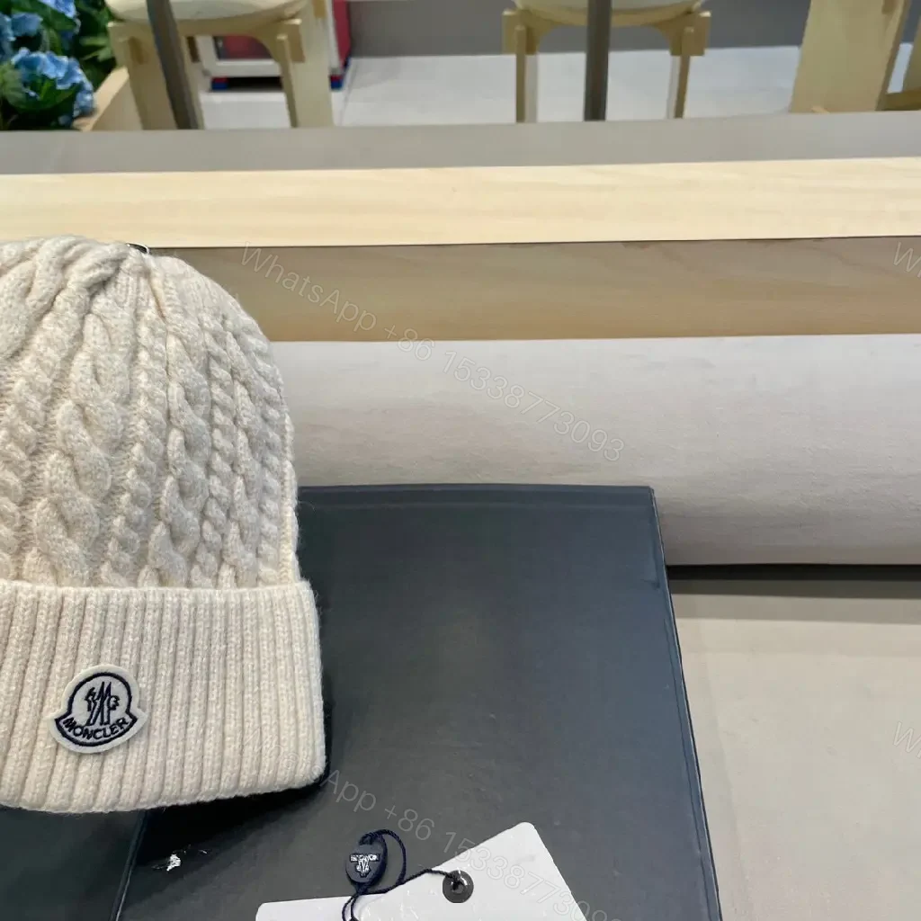 View 7 of Cream Knit Beanie | Wool Blend | Cable Knit | Moncler Emblem Gifted Luxury