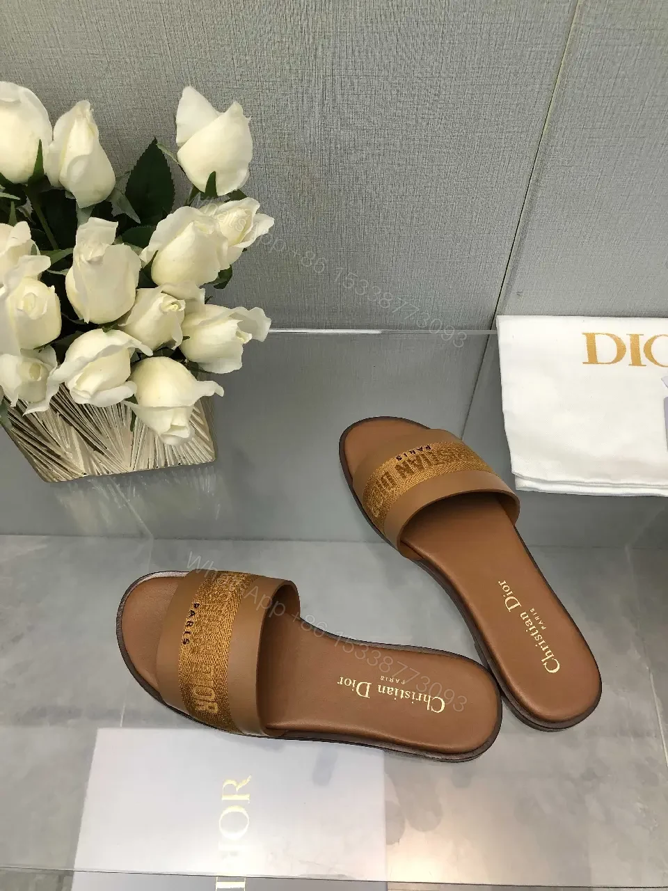 View 5 of Brown Leather Christian Dior Slides, Bold Logo Strap, Paris, Slide Sandals