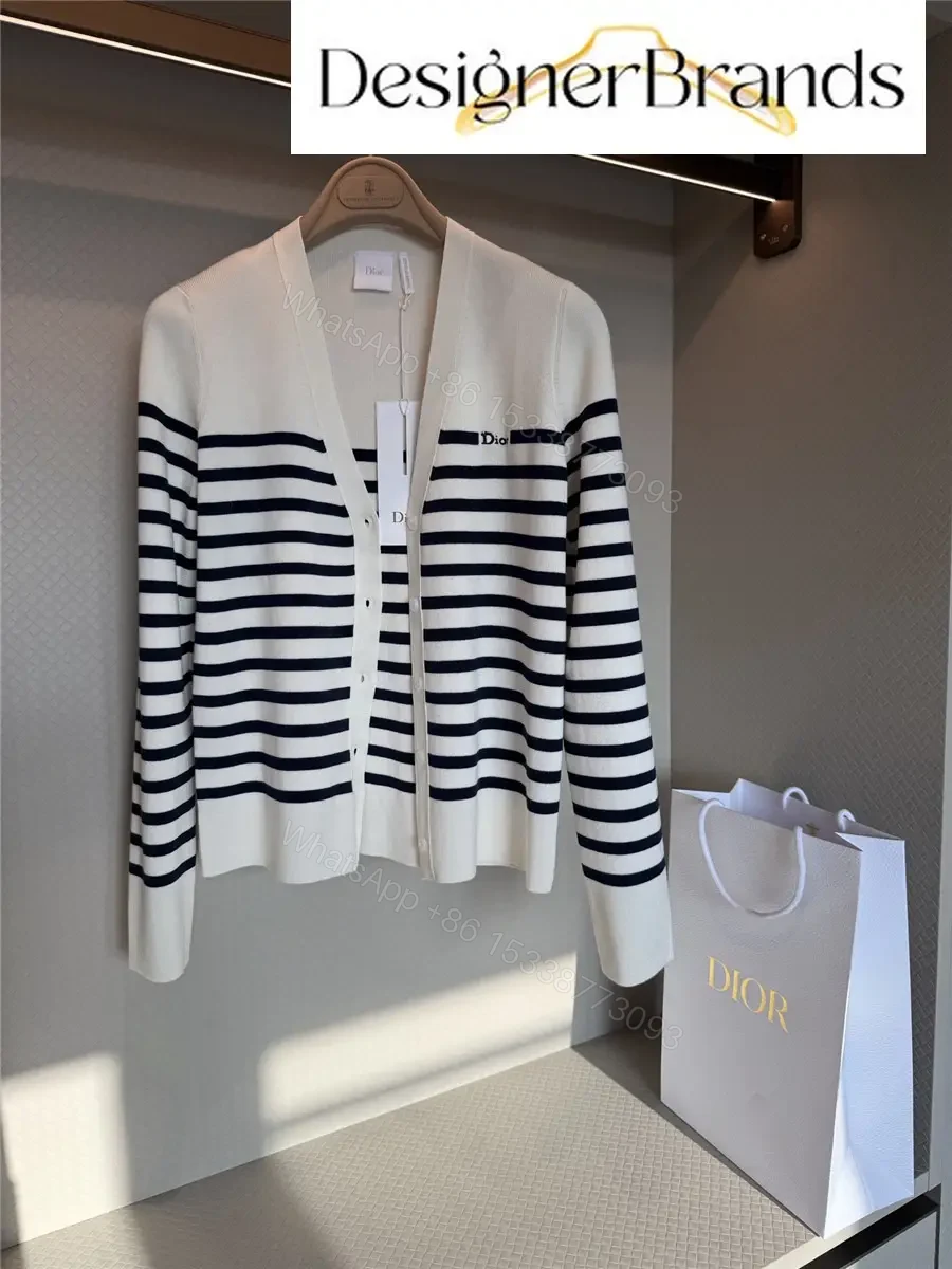 View 2 of White Navy Stripe Cardigan Knit Cardigan with Dior Logo