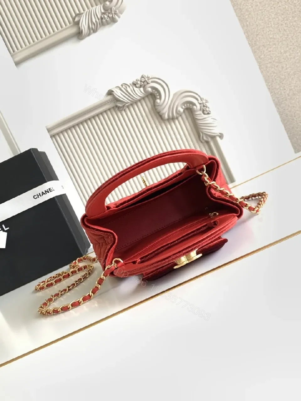 View 6 of Rich Velvet Quilted Mini Bag with Gold Logo
